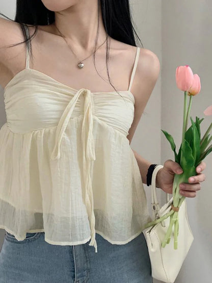 Fairycore Sweet Solid Shirring Camisole Women Summer Vacation Korean Clothing Crop Top