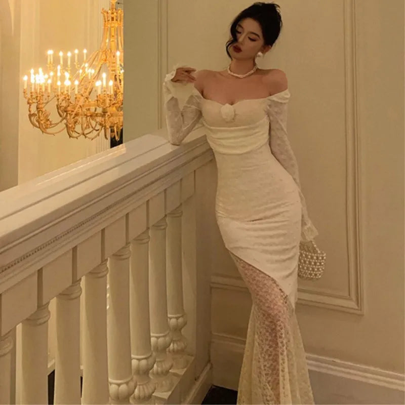 Sexy Solid Lace Maxi Dresses for Women Off Shoulder Bodycon Mermaid Autumn Birthday Evening Party Prom Robe Vestidos Mujer New