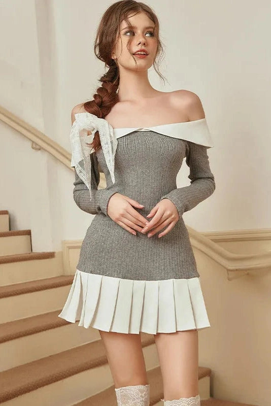 Pleated Patchwork Off-Shoulder Mini Dress with Long Sleeves