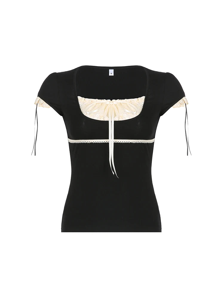 Sweet Y2K Contrast Lace Patchwork Square Collar Black T-Shirt Women Short Sleeve Basic Balletcore Cute Summer Tops