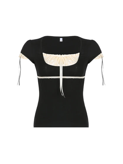 Sweet Y2K Contrast Lace Patchwork Square Collar Black T-Shirt Women Short Sleeve Basic Balletcore Cute Summer Tops