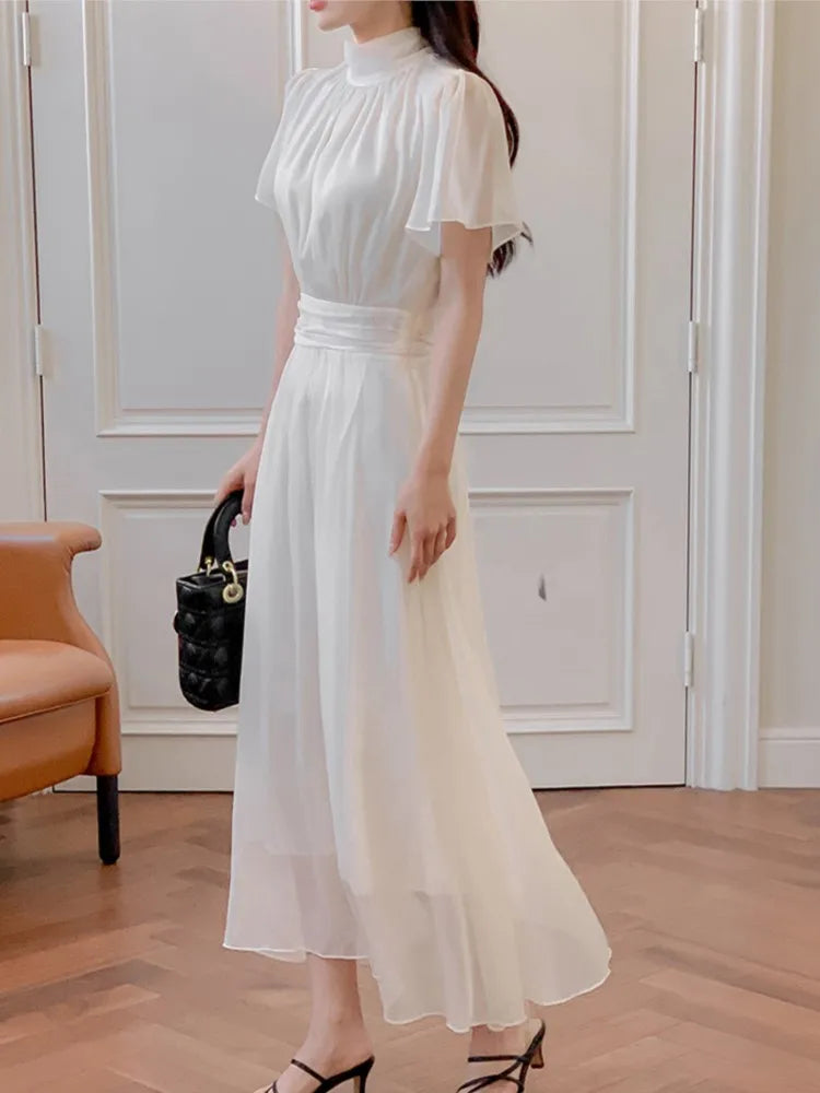 Elegant Solid Midi Dresses for Women Ruffles Half-high Collar A-line Office Lady Casual Korean Fashion Autumn Vestidos Mujer New