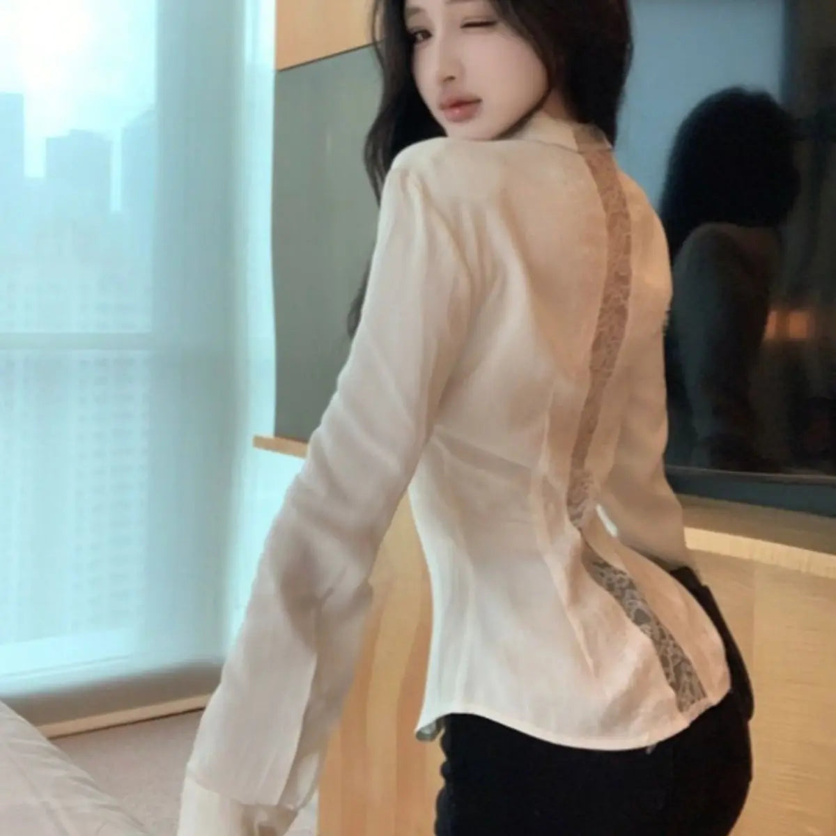 Backless Lace Youthful Fashion Black Long Sleeve Shirt Women V Neck Patchwork Elegant Basic Blouse Lady Office Casual White Top