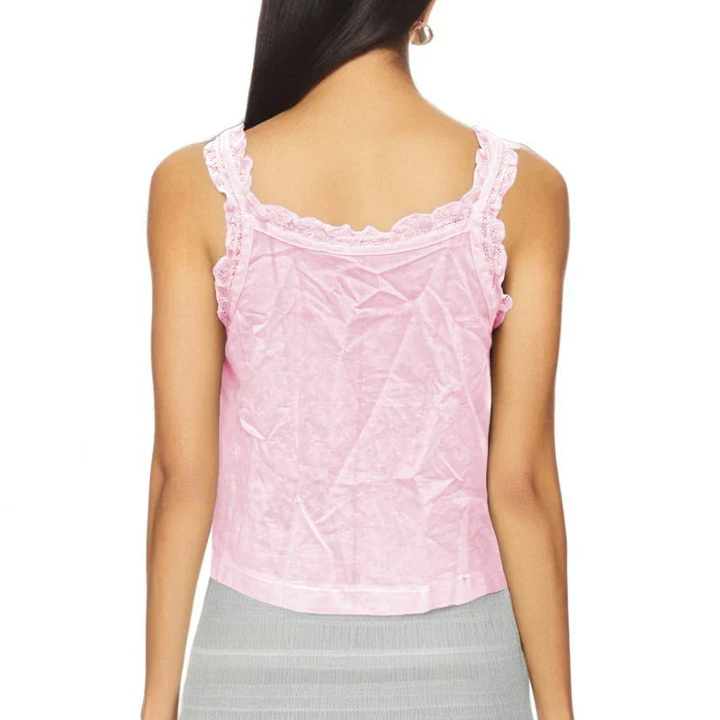 Y2k Lace Ruffle Trim Tank Top Fairycore Sheer Button Front Scoop Neck Camisole Cute Going Out Crop Tops Boho Vest