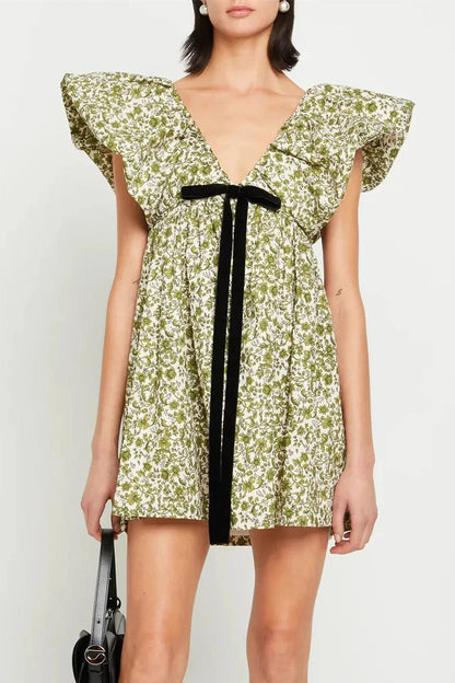 Floral V Neck Puff Sleeve Mini Dress