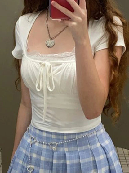 Solid Bust Ruched Tie Patchwork Lace Short Sleeve White T-Shirt Women Balletcore Y2K Cute Clothes