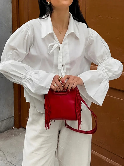 Chiffon Lace-Up Hollow Out Shirts Women’s Lapel Patchwork Bandage Long Sleeve Fashion Blouse Top Female White Outwear