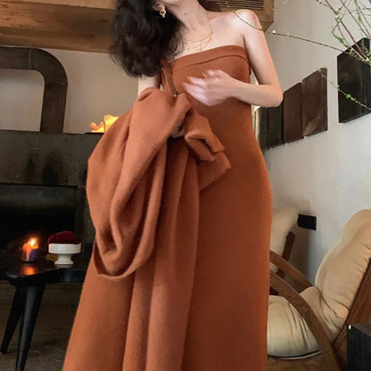 Autumn Winter Warm Knitted 2-piece Dress Set Women Soft Long Cardigan Strapless Bodycon Split Midi Dress Vintage Chic Outfits
