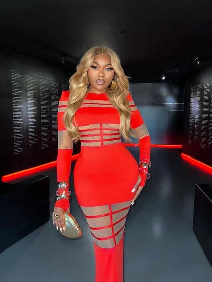 Elegant Long Sleeve Mesh Patchwork Bodycon Party Evening Dress Women Elastic Tight Autumn/Winter New 2025 Vestido Female