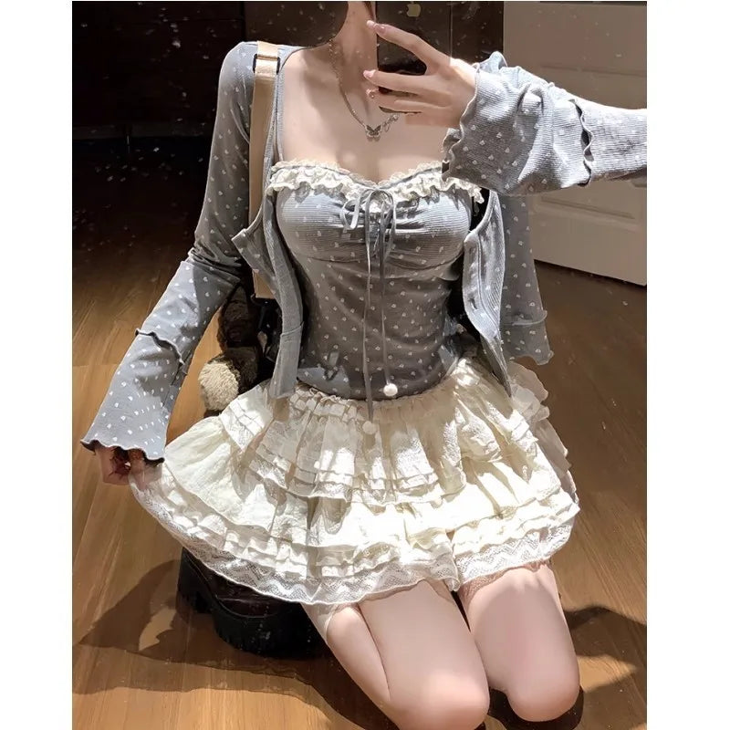 Autumn New Sweet 3-piece Skirt Set Women Spaghetti Strap Top Cardigan Mini Cake Skirt Y2K Kawaii Korean Fashion Suit Clothing