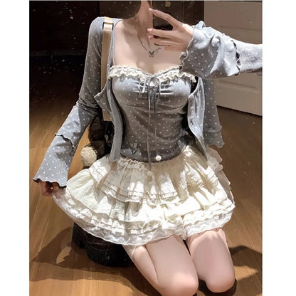 Autumn New Sweet 3-piece Skirt Set Women Spaghetti Strap Top Cardigan Mini Cake Skirt Y2K Kawaii Korean Fashion Suit Clothing