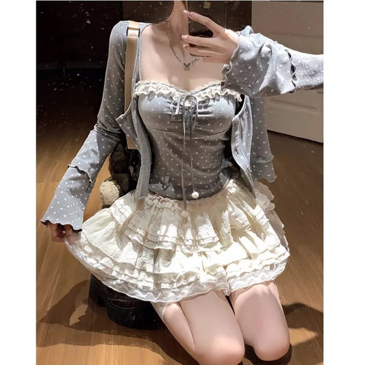 Autumn New Sweet 3-piece Skirt Set Women Spaghetti Strap Top Cardigan Mini Cake Skirt Y2K Kawaii Korean Fashion Suit Clothing