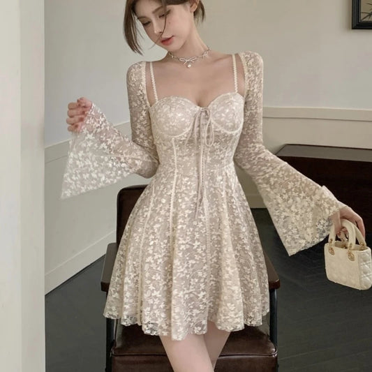 Sexy Lace Mini Dresses for Women Flare Sleeve Square Collar Corset Slim A-line Wedding Birthday Party Dress Y2K Prom Vestidos