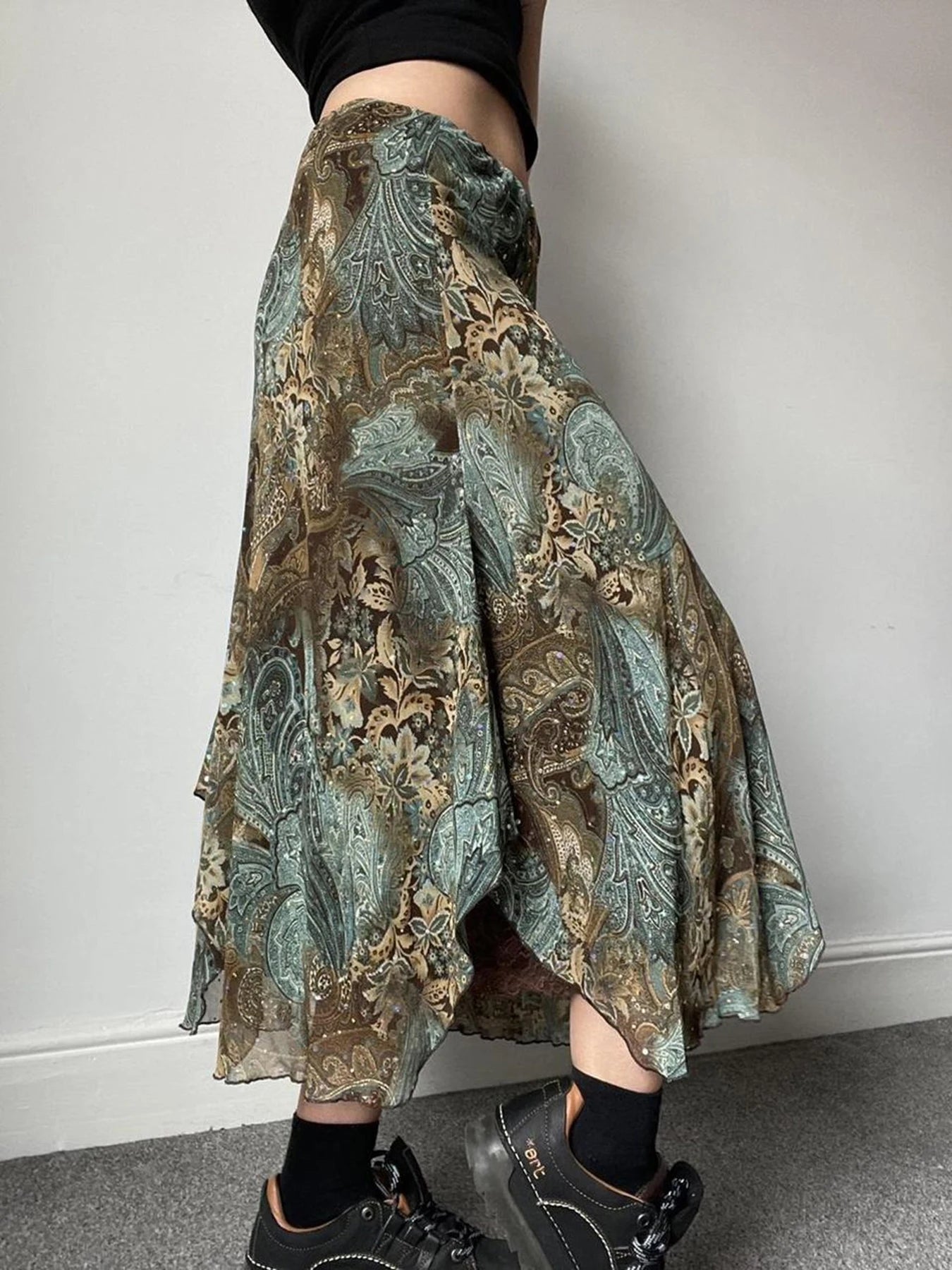 Vintage Aesthetic Floral Print Asymmetrical Skirts Women Boho Vacation Lace Two Layers Mesh Long Skirt Y2K