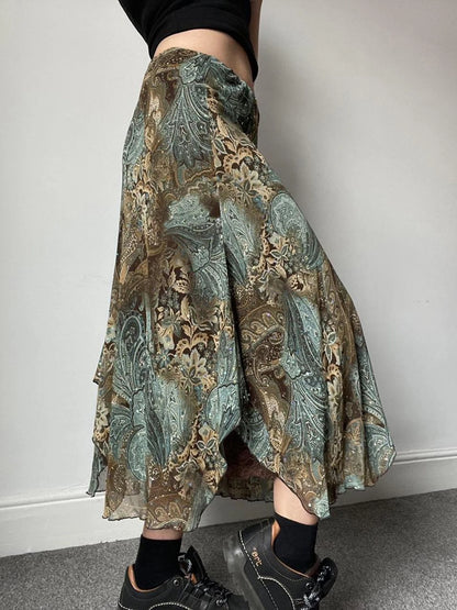 Vintage Aesthetic Floral Print Asymmetrical Skirts Women Boho Vacation Lace Two Layers Mesh Long Skirt Y2K