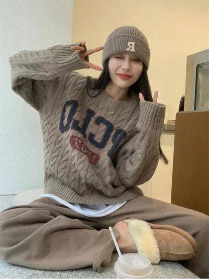 Korean trendy retro letter twist sweater for loose lazy style sweater long sleeves clothing y2k tops