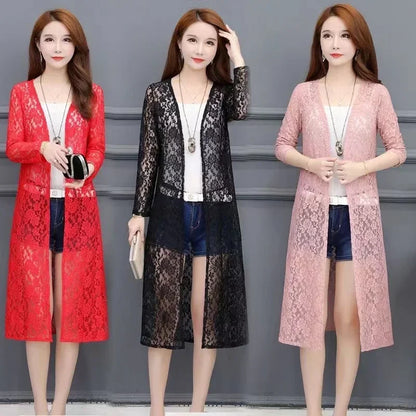 Summer Women Sun Protection Lace Cardigan Mid-length Mesh Shawl Loose Clothing Women Jacket Shirt Outerwear