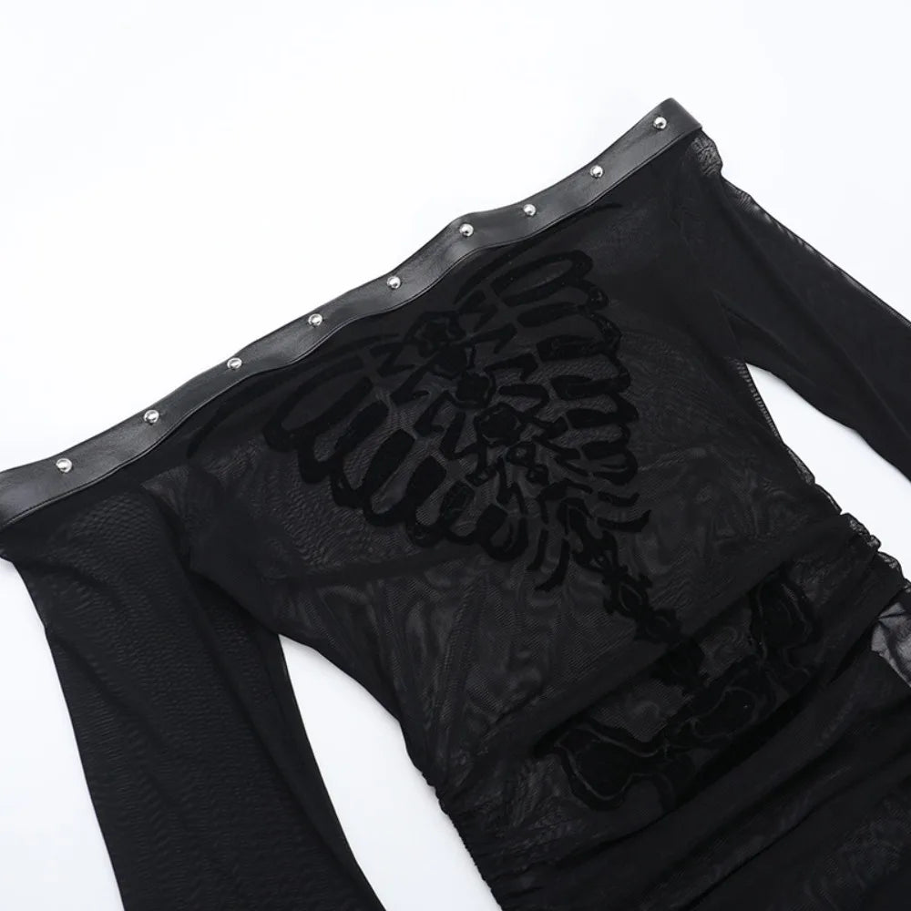 Flocked Skull Print Bell Sleeve  Mesh Top