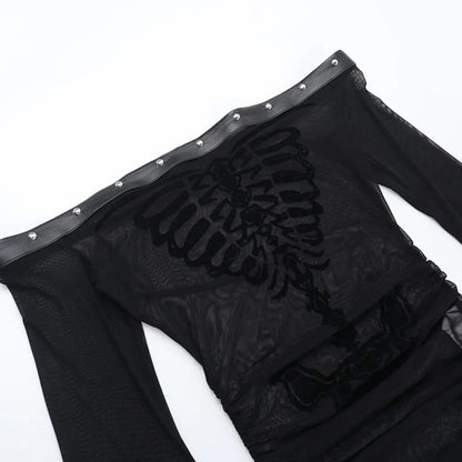 Flocked Skull Print Bell Sleeve  Mesh Top