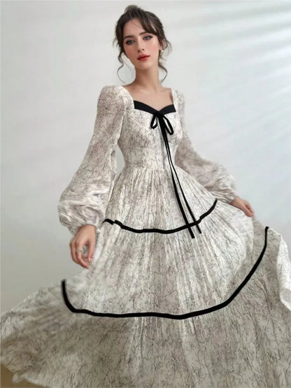 Elegant Floral Printed Midi Dresses for Women Lantern Sleeves Square Collar A-line Birthday Party Dress Autumn New Prom Robe