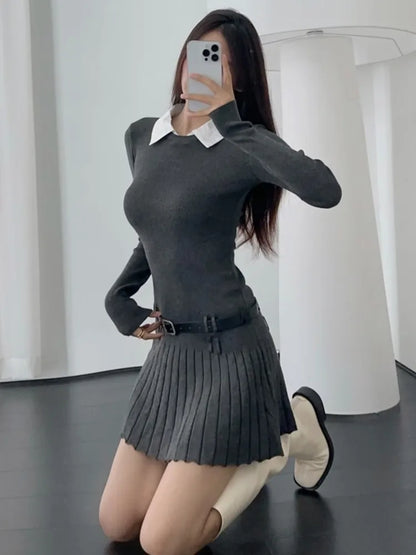 Korean Fashion Knitted Short Dresses for Women Autumn New Patchwork Long Sleeve Pleated A-line Y2K Sexy Party Dress with Belt