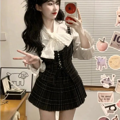 Autumn Korean Retro Sweet 3 Piece Set Women White Shirt + Strap Vest + Pleated Skirt Design College Style Fashion Y2k Suit