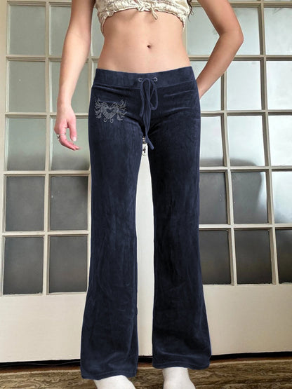 American Retro Y2K Low Waisted Velvet Flared Pants Women Drawstring Tie Waist Heart Rhinestone Cute Casual Streetwear Trousers