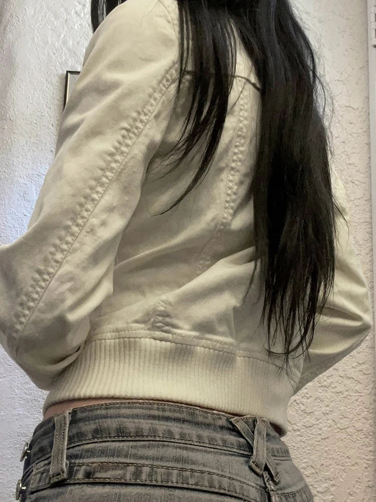 Voguable Vintage Cropped Jackets for Harajuku Casual Slim Fit Zipper Coat Y2K Streetwear Long Sleeve Outerwear