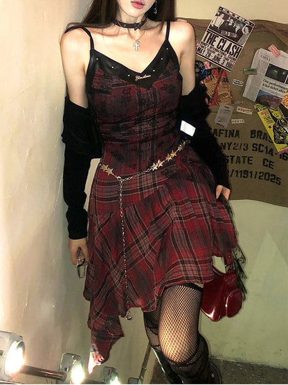Voguable  Grunge Aesthetic Y2k Plaid One Piece Dress Slim Vintage Lace Mini Dresses Party Mesh Casual Harajuku Clothing