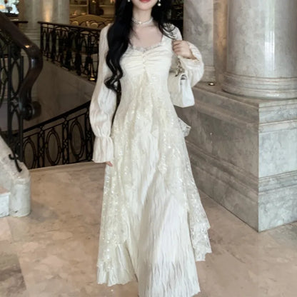 Autumn Winter New Elegant Midi Dresses for Women Lace Ruffles Flare Sleeve A-line Birthday Party Dress Korean Vestidos Mujer