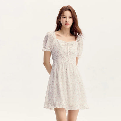 Ruffled Hem Chiffon Mini Skirt Women Floral Print Short Dress  New Square Neck Waist-drawing Romantic Dress