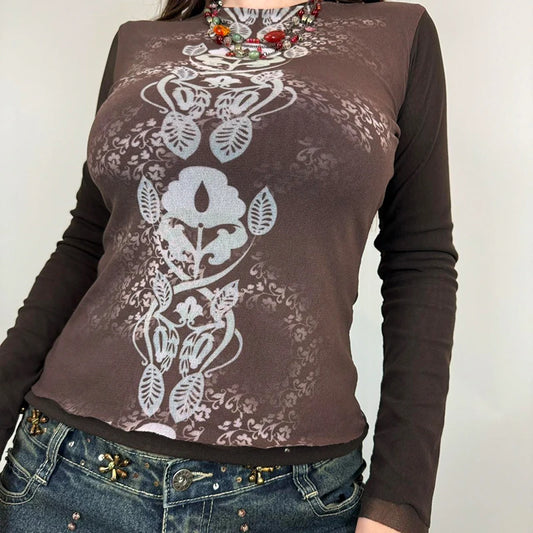 Vintage Contrast Color Mesh T-shirt Long Sleeve O Neck Fitted Crop Top Semi-sheer Grunge Style Brown Tee Streetwear