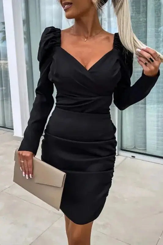 V Neck Pleated Mini Dress