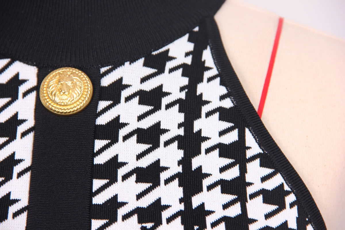 Julien Houndstooth Dress with Gold Buttons