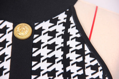 Julien Houndstooth Dress with Gold Buttons