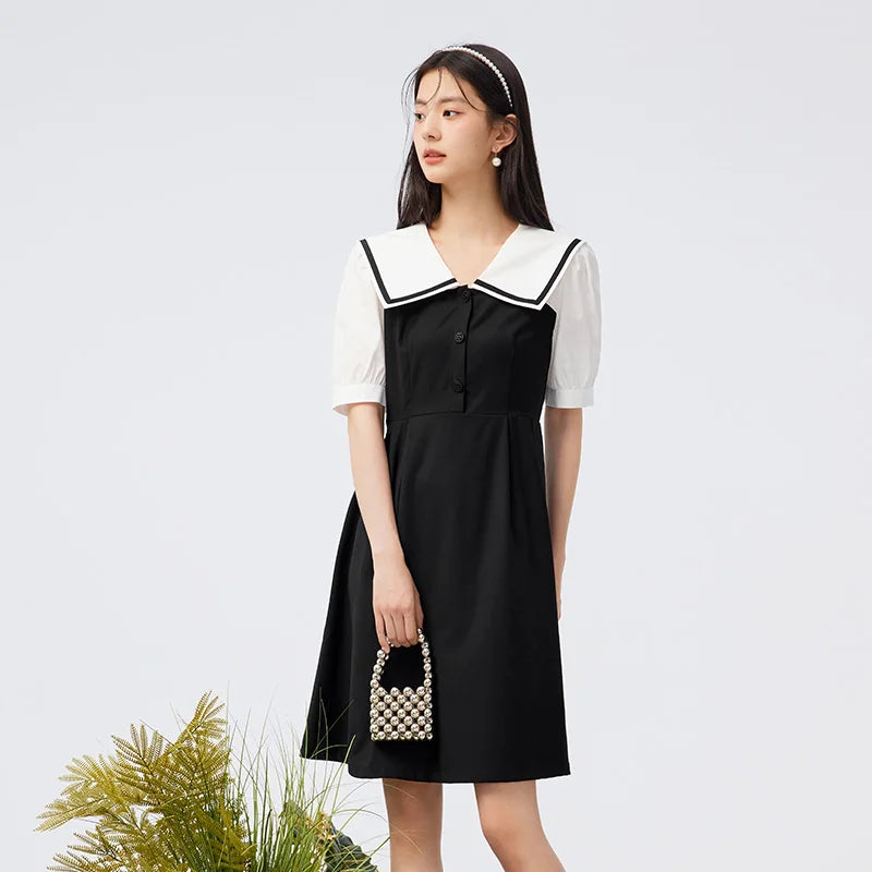 Dress Lapel College Style Short Skirt Playful Sweet Autumn Easy-to-Care Patchwork Little Black Dress