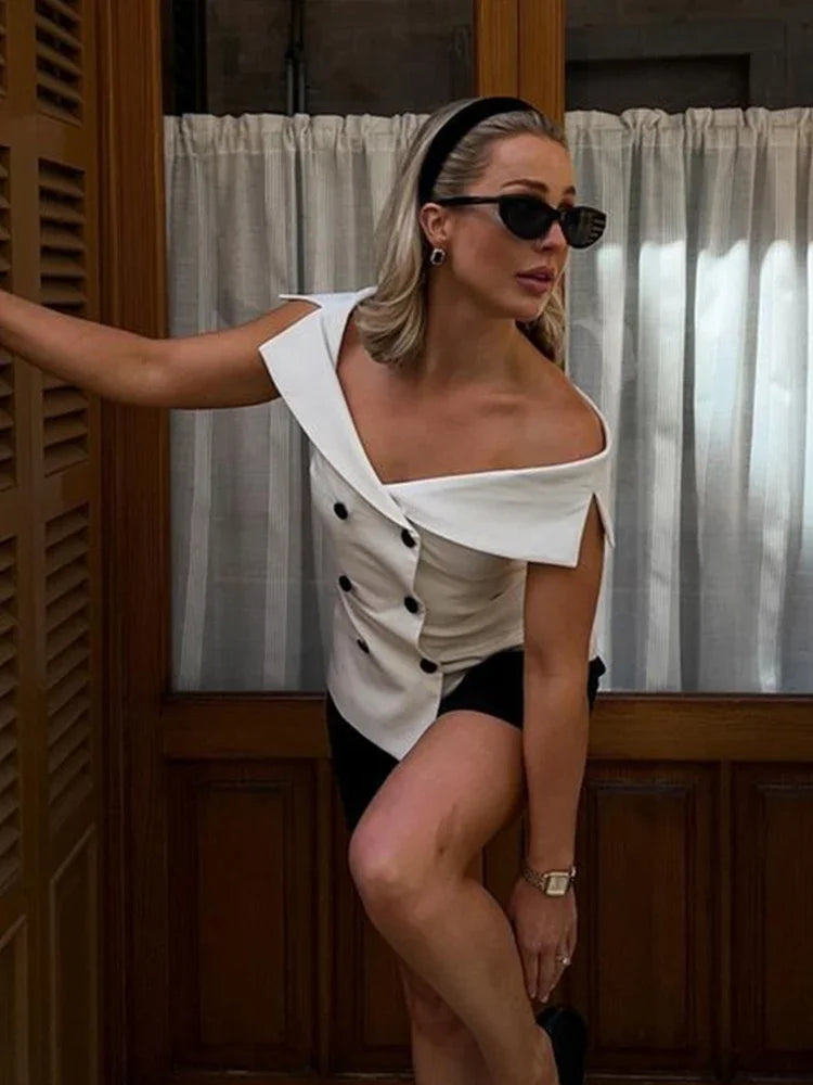 Fashion Off Shoulder Double-breasted Vest Women Sexy Slim Sleeveless Waistcoat  Summer New Ladies Fashion Tops Streetwear