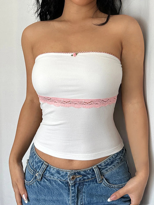 Sweet Y2K Contrast Lace Strapless White Tube Top Women 2000s Cute Kawaii Cropped Vest