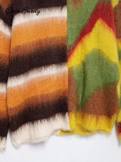 Casual Mohair Knit Women Pullover Colorful O-neck Long Sleeve Loose Sweater  New Autumn Fashion Lady All-matching Knitwear