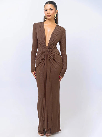 Glitter Deep V Neck Sexy Maxi Dress For Women Elegant Sparkle Long Sleeve Ruched Bodycon Split Club Party Sexy Dress