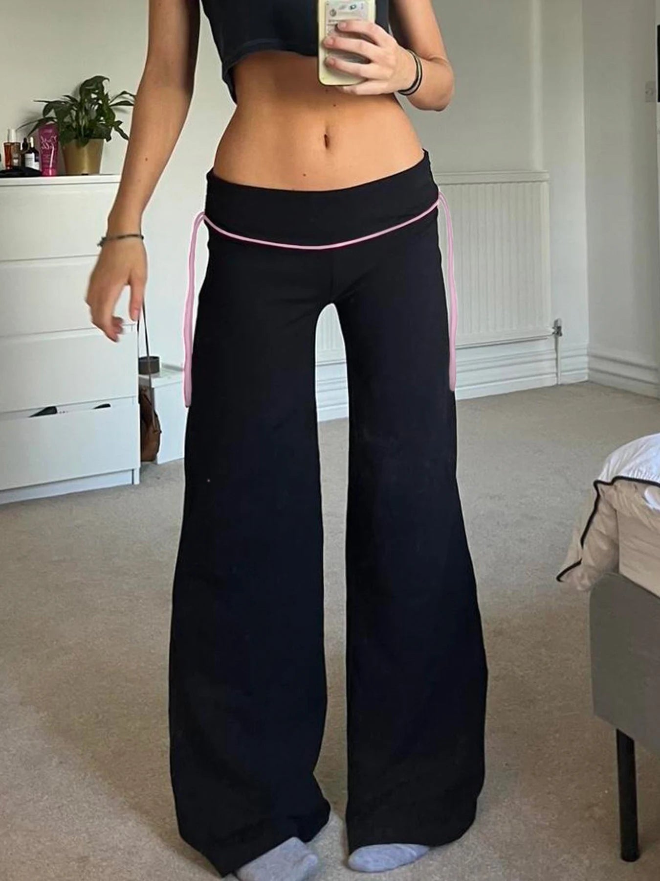 Contrast Lace-Up Low Waist Y2K Flared Pants Women Black Basic Simple Casual Sweet Style Trousers