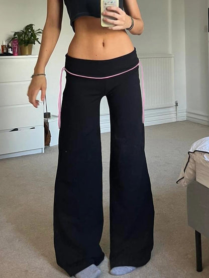 Contrast Lace-Up Low Waist Y2K Flared Pants Women Black Basic Simple Casual Sweet Style Trousers