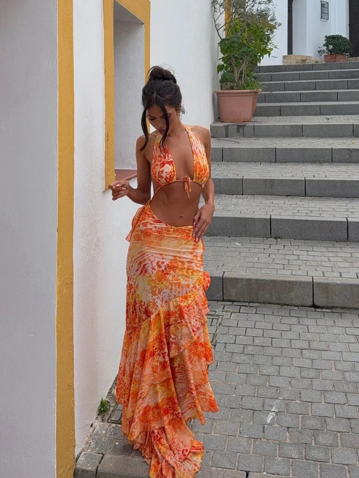 Vintage Print Cover Up Suspenders Sexy Three Piece Swim Sets