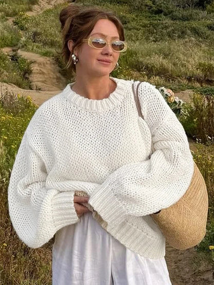 Casual Knitted Hollow Out O-neck Sweaters Women Loose Solid Long Sleeve Pullover Sweater Female Autumn Chic Elegant Street Tops
