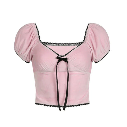 Voguable  Y2K Contrast Lace Stitching Square Collar Cropped Top Coquette Aesthetic Short Sleeve T-shirt Kawaii Tees