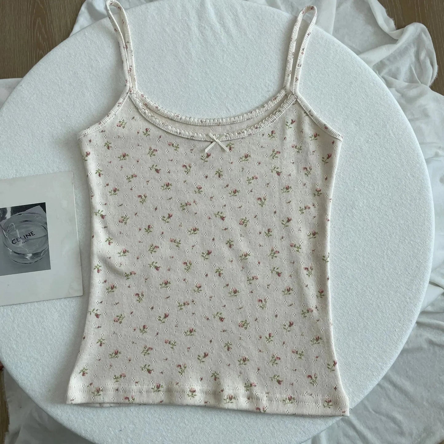 Floral Eyelet Bow Cotton Crop Tops Lace Trim Sleeveless Slim Tank Top Preppy Style Sweet Camisole Y2k Clothes