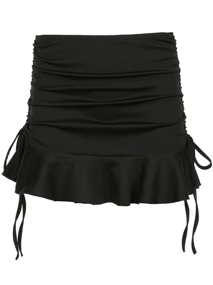 Black Solid Shirring Tie A Line Ruffles Skirts For Women Low Waist Y2K Summer Baddie Outfits