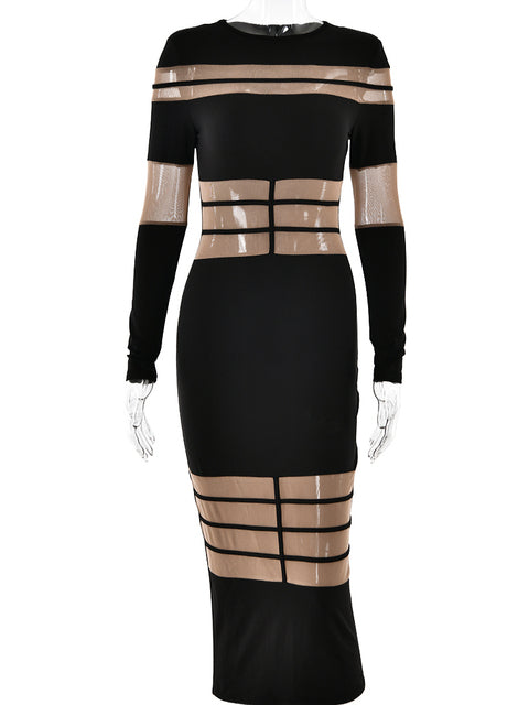 Elegant Long Sleeve Mesh Patchwork Bodycon Party Evening Dress Women Elastic Tight Autumn/Winter New 2025 Vestido Female