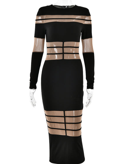 Elegant Long Sleeve Mesh Patchwork Bodycon Party Evening Dress Women Elastic Tight Autumn/Winter New 2025 Vestido Female