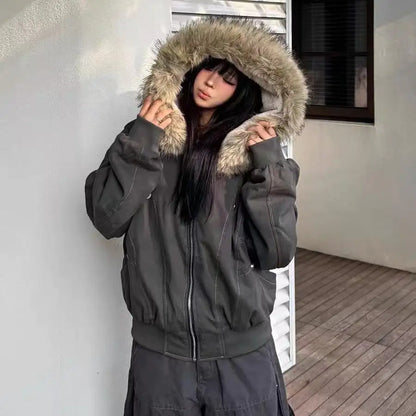 Hooded Stand Collar Plush Coat